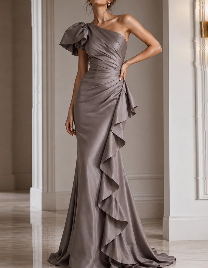 One‑Shoulder Cascading Ruffle Satin Mermaid Maxi Dress
