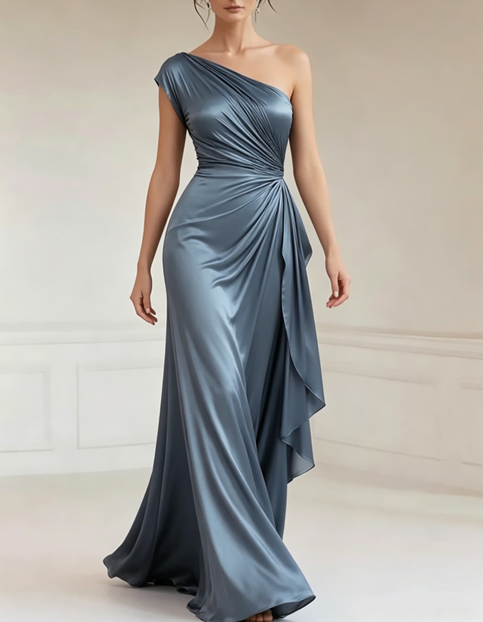 One‑Shoulder Draped Satin Mermaid Maxi Dress