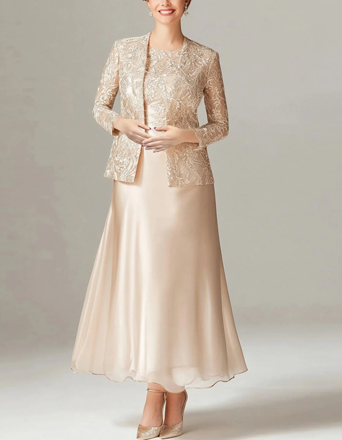 Round Neck Satin Dress with Long‑Sleeve Floral Lace Open Jacket 2-piece Set