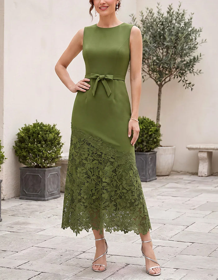 Olive Green Sleeveless Round Neck Bow Belt Maxi Dress