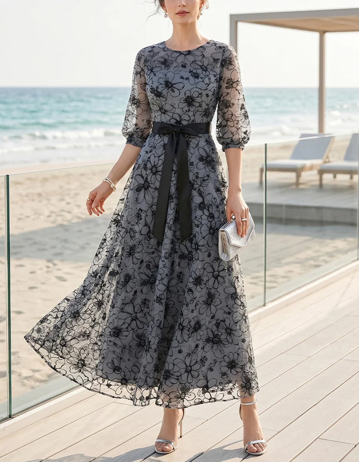 Black Floral Tulle Round Neck Maxi Dress