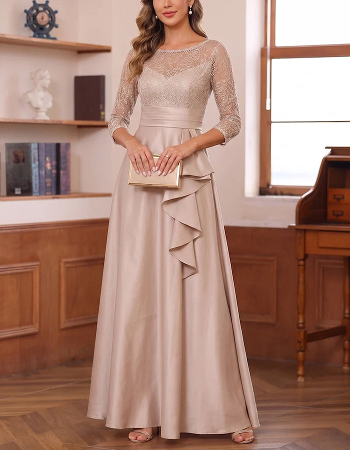 Champagne Colored Lace Round Neck Three Quarter Sleeve Midi Dress