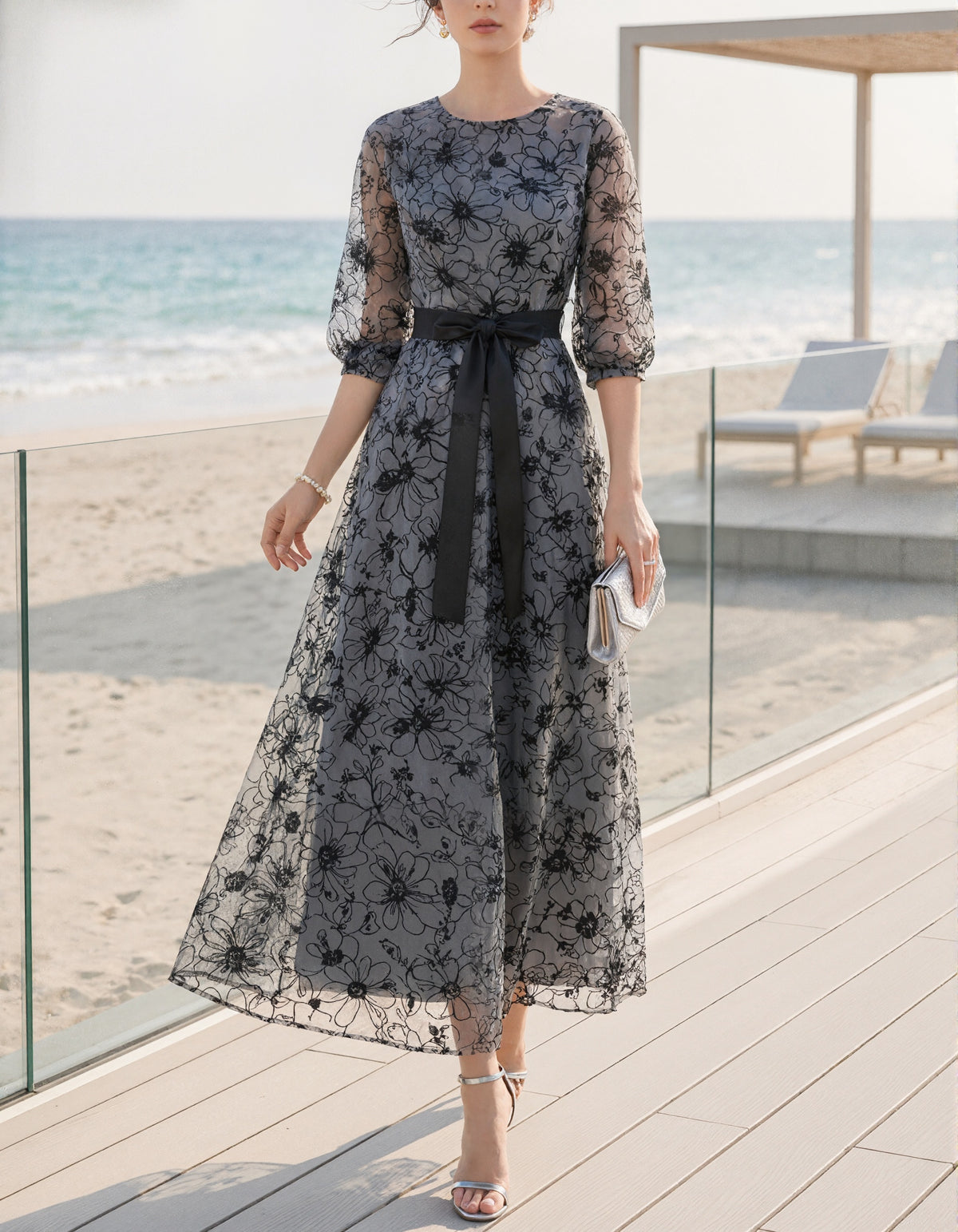 Black Floral Tulle Round Neck Maxi Dress