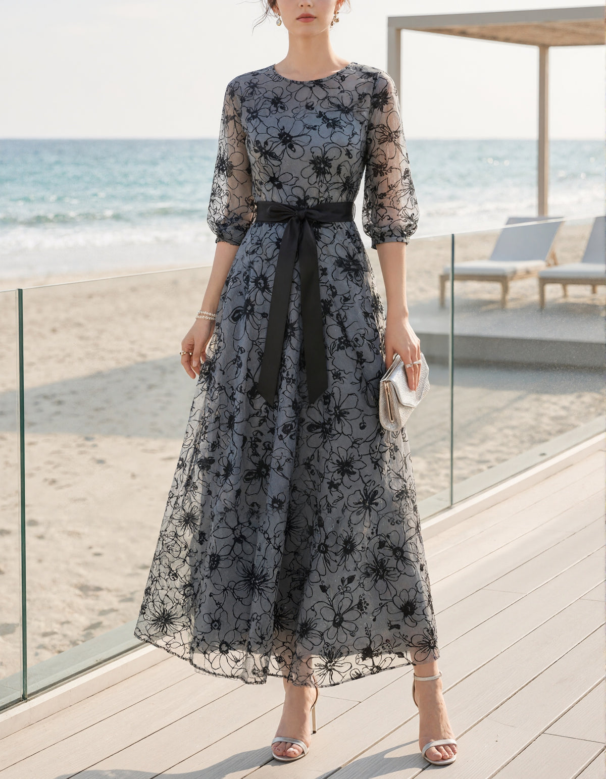 Black Floral Tulle Round Neck Maxi Dress