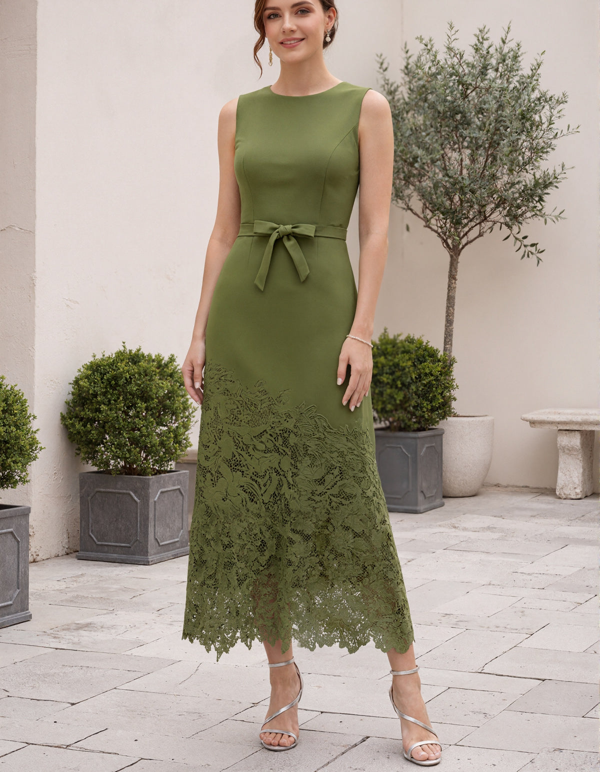 Olive Green Sleeveless Round Neck Bow Belt Maxi Dress