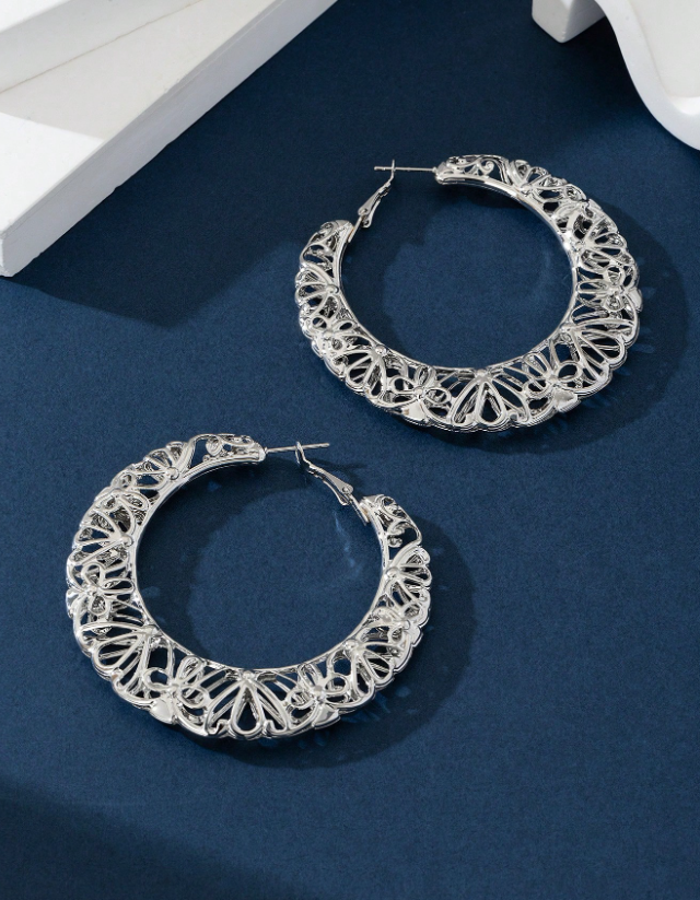 Gold Alloy Retro Hollow Out Large Hoop Earrings Personality Fashion Jewelry