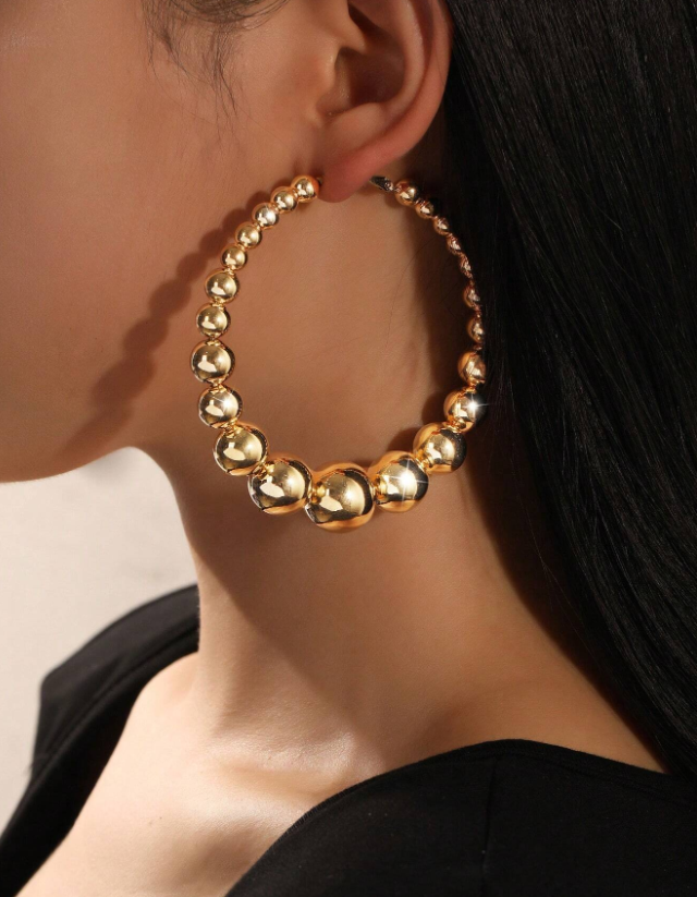 Gold Alloy Retro Exaggerated Gradient Size Ball Beaded Large Hoop Earrings
