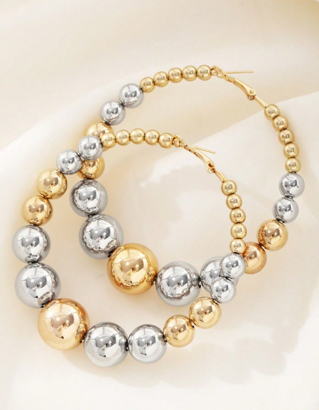 Gold Alloy Retro Exaggerated Gradient Size Ball Beaded Large Hoop Earrings