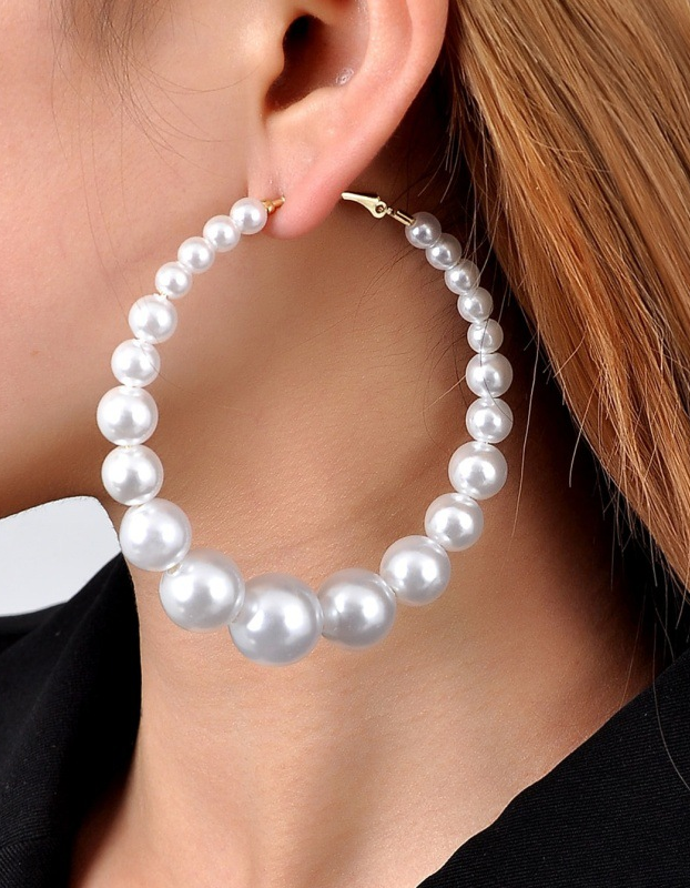 Gold Alloy Retro Exaggerated Gradient Size Ball Beaded Large Hoop Earrings