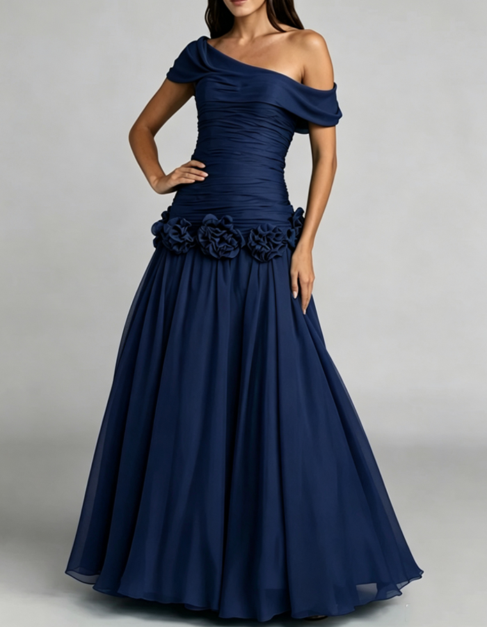 Off-the-shoulder Draped Chiffon A-line Maxi Dress