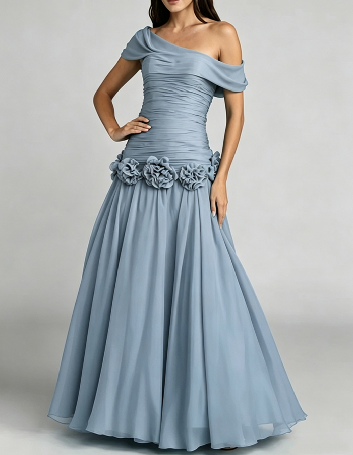 Off-the-shoulder Draped Chiffon A-line Maxi Dress