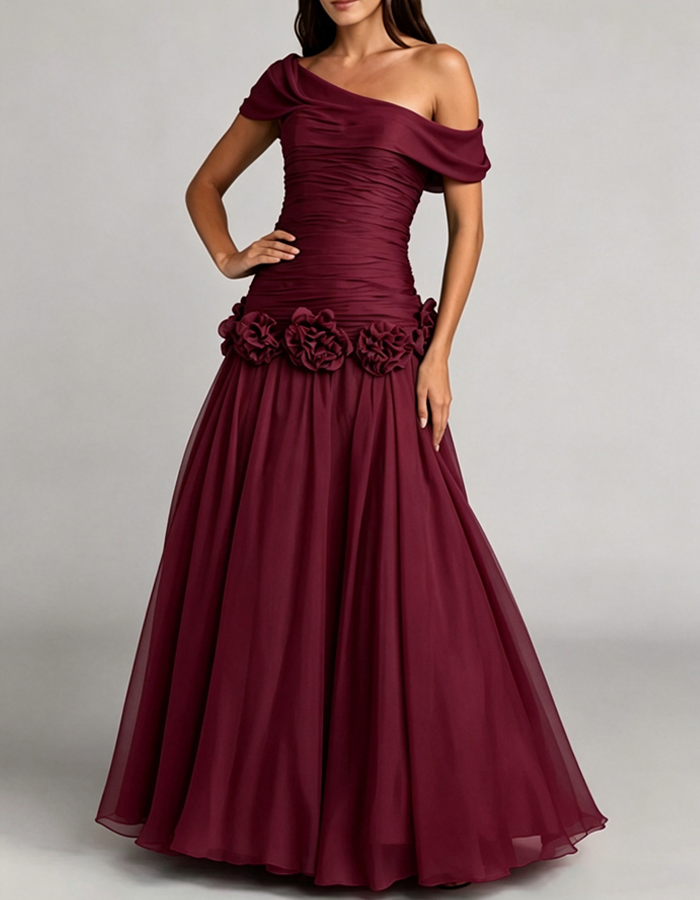 Off-the-shoulder Draped Chiffon A-line Maxi Dress