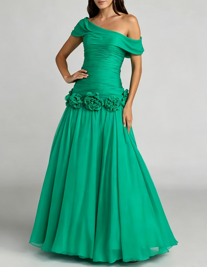 Off-the-shoulder Draped Chiffon A-line Maxi Dress