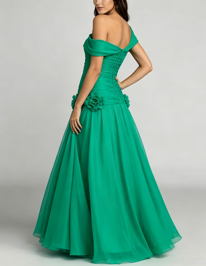 Off-the-shoulder Draped Chiffon A-line Maxi Dress