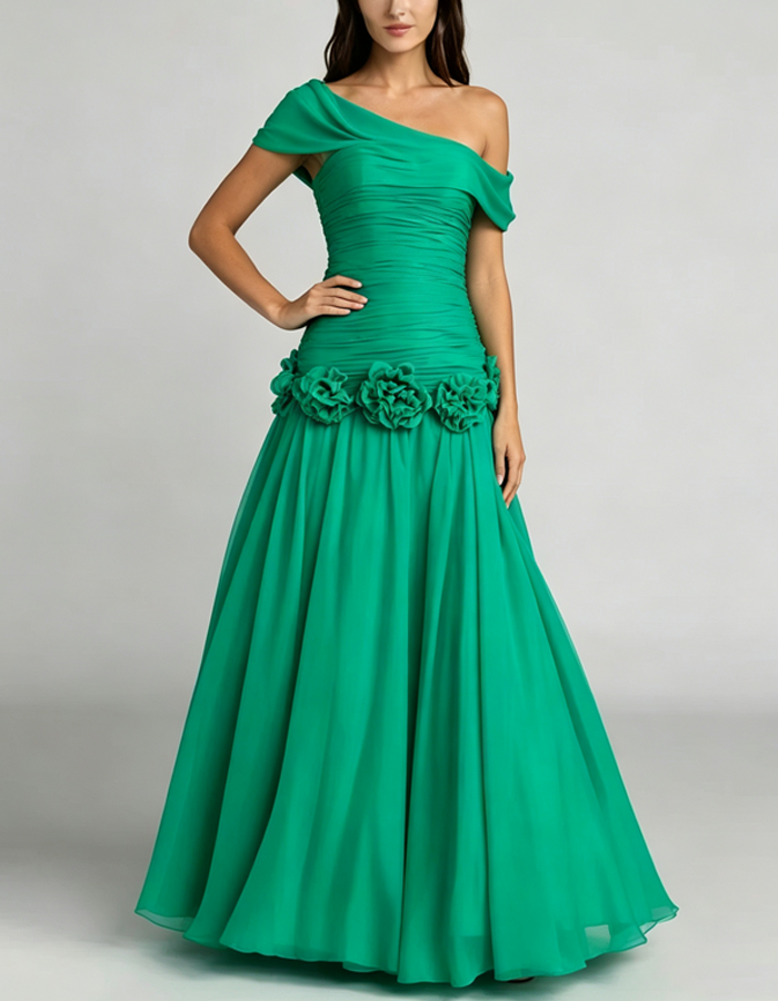 Off-the-shoulder Draped Chiffon A-line Maxi Dress
