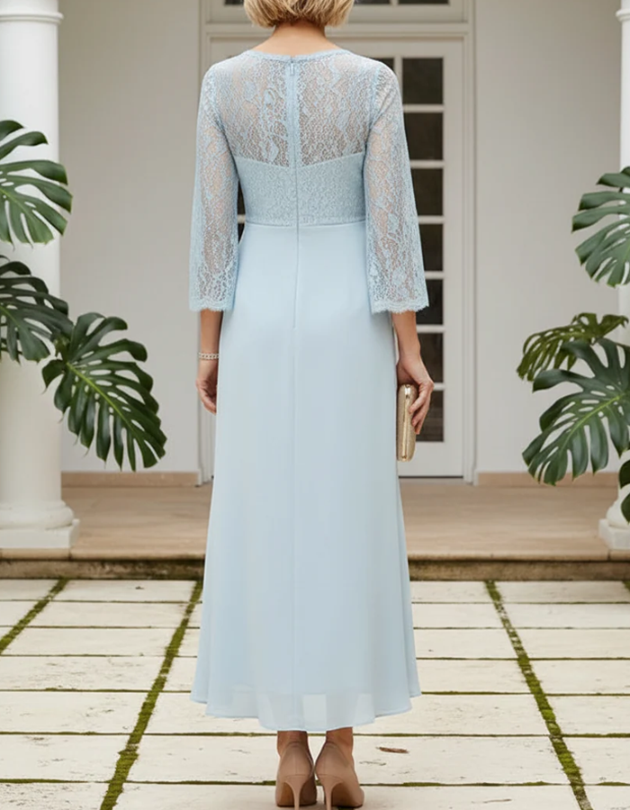 Lace 3/4 Sleeve Ruffled Waist Midi Dress