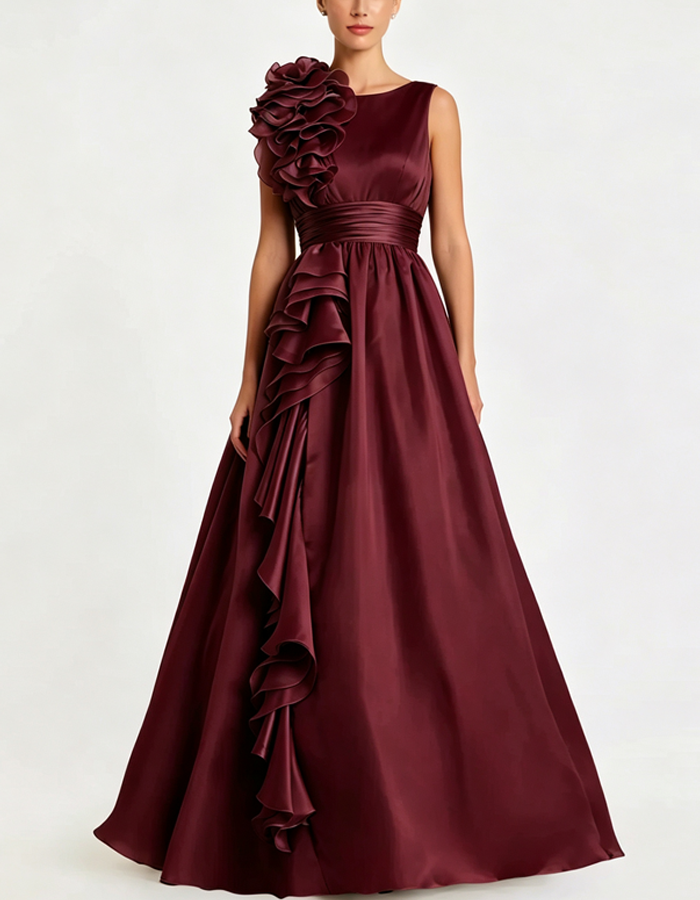 3D Floral Ruffle A‑Line Long Maxi Dress
