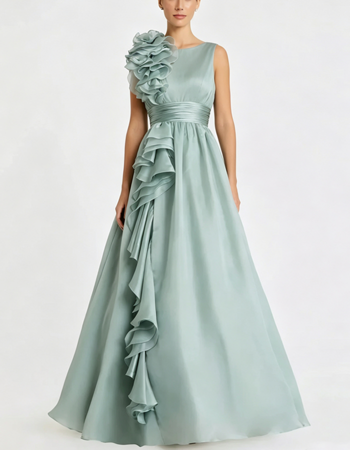 3D Floral Ruffle A‑Line Long Maxi Dress