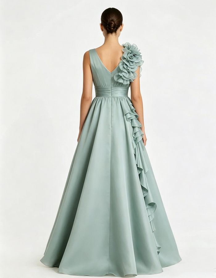 3D Floral Ruffle A‑Line Long Maxi Dress