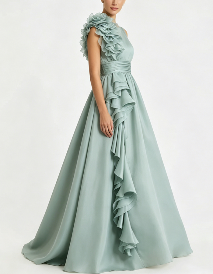 3D Floral Ruffle A‑Line Long Maxi Dress