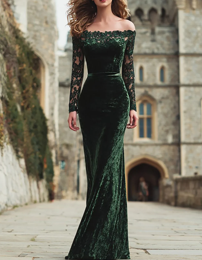 Emerald Green Off‑the‑Shoulder Velvet Lace Maxi Dress