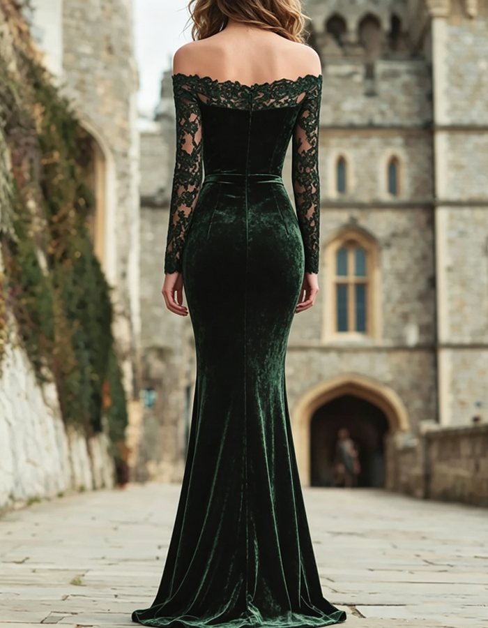 Emerald Green Off‑the‑Shoulder Velvet Lace Maxi Dress