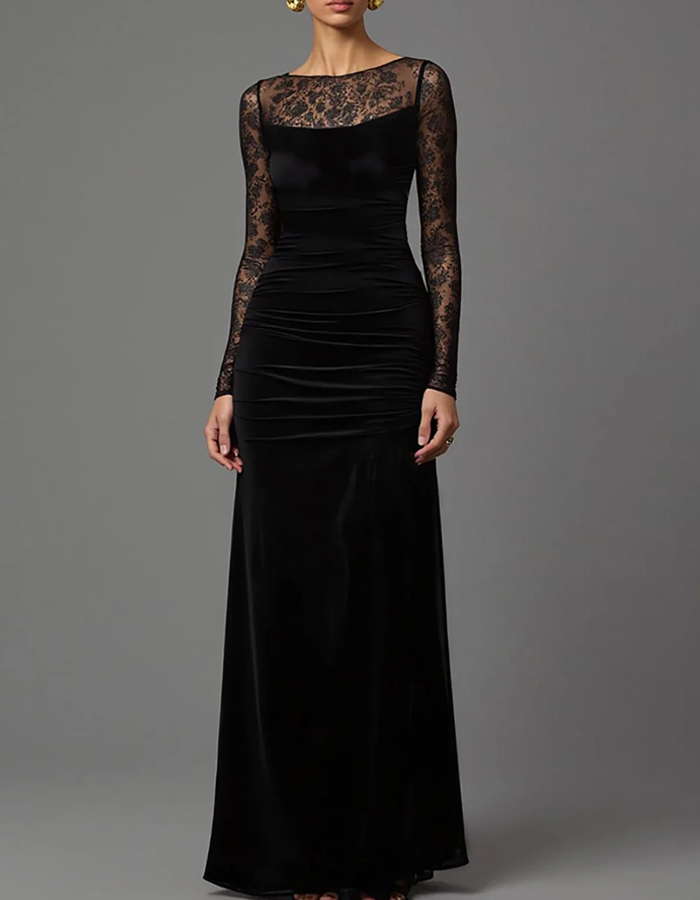 Black Velvet Lace Long Sleeve Maxi Dress