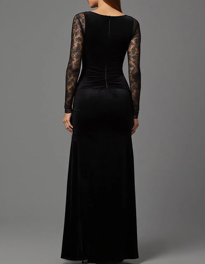 Black Velvet Lace Long Sleeve Maxi Dress
