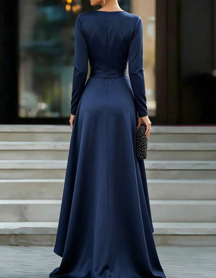 Satin Wrap Ruffle High Slit Long Sleeve Maxi Dress