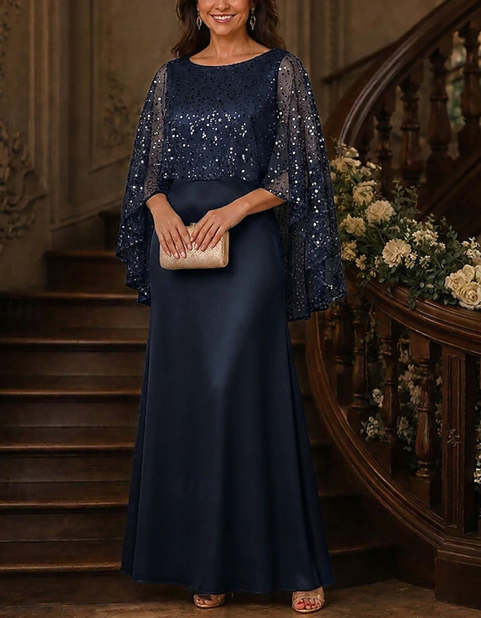 Solid Color Boat Neck Shawl Style Sequined Satin Maxi Dress
