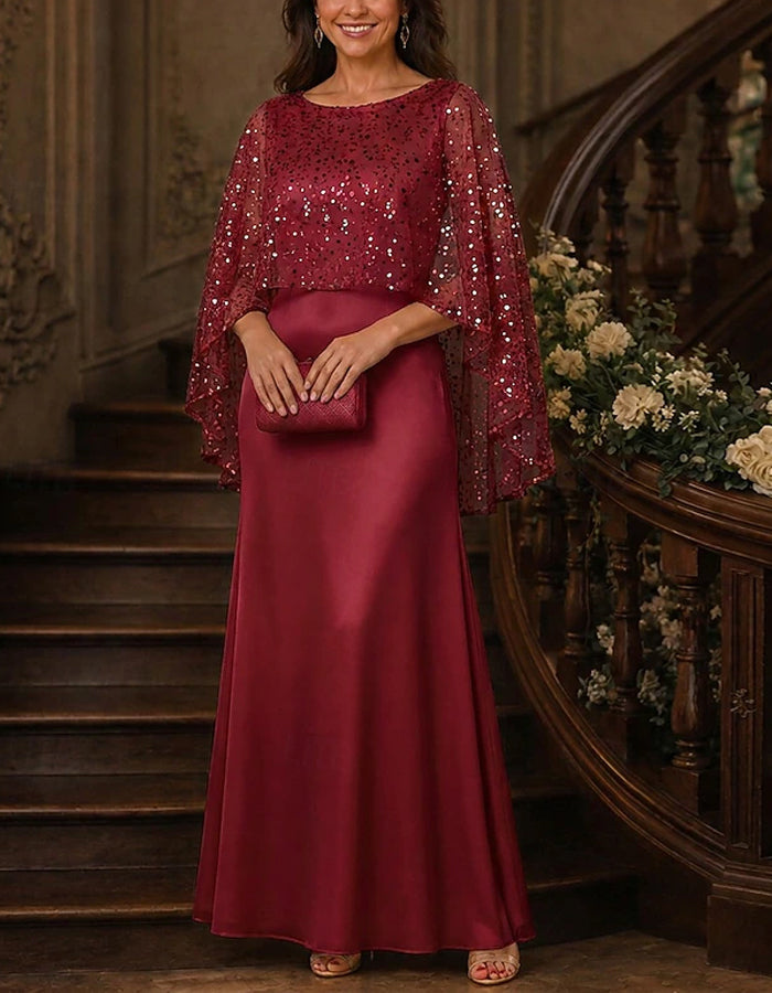 Solid Color Boat Neck Shawl Style Sequined Satin Maxi Dress
