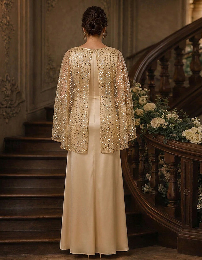 Solid Color Boat Neck Shawl Style Sequined Satin Maxi Dress
