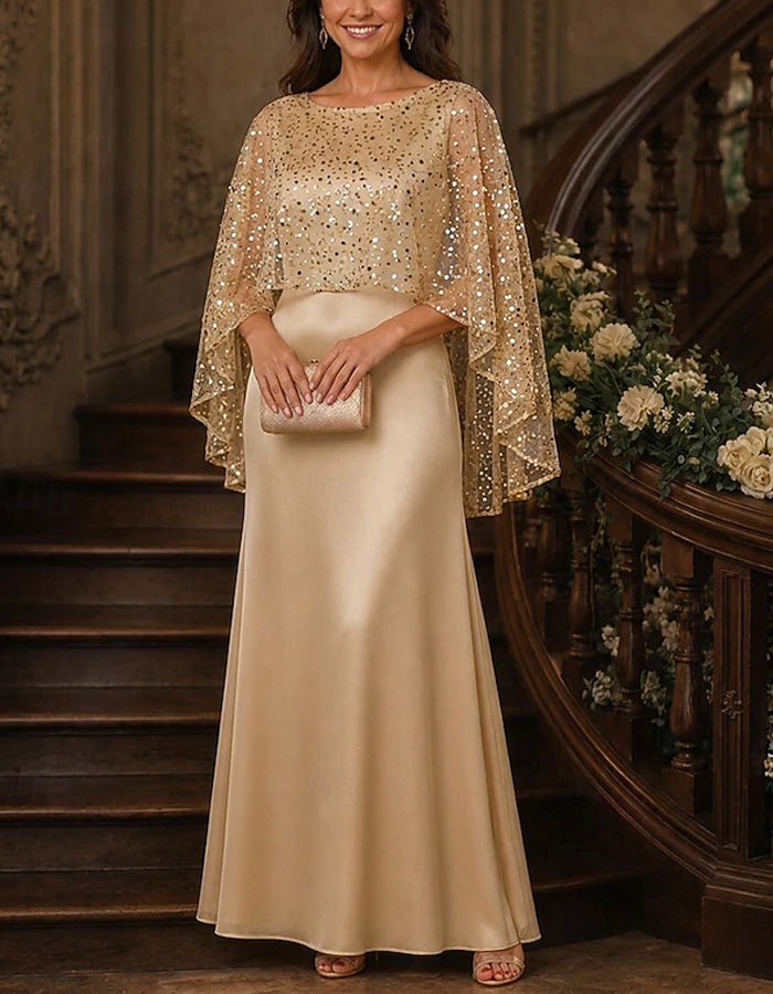 Solid Color Boat Neck Shawl Style Sequined Satin Maxi Dress