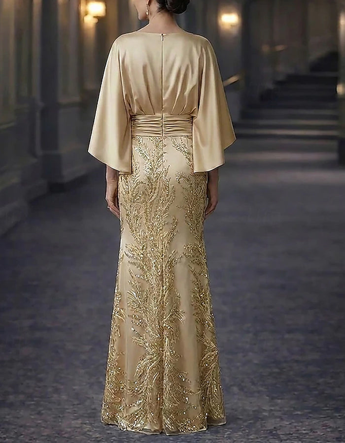 Solid Color Satin Shawl Style Sequins Maxi Dress