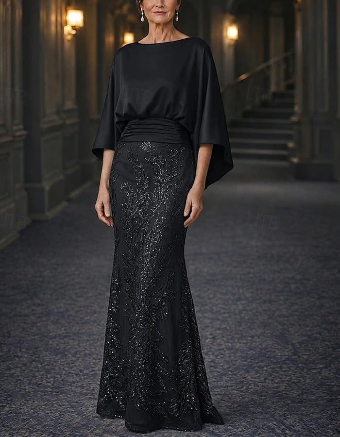 Solid Color Satin Shawl Style Sequins Maxi Dress
