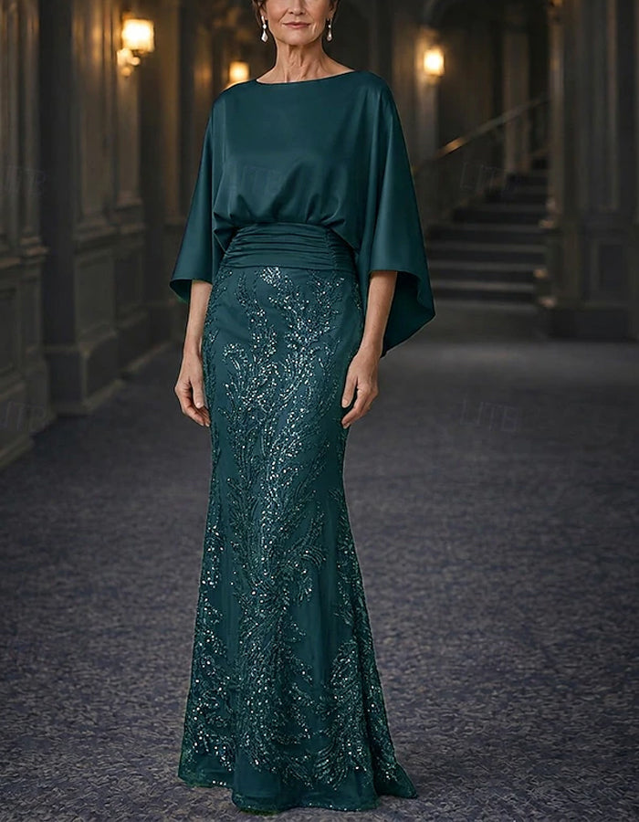 Solid Color Satin Shawl Style Sequins Maxi Dress