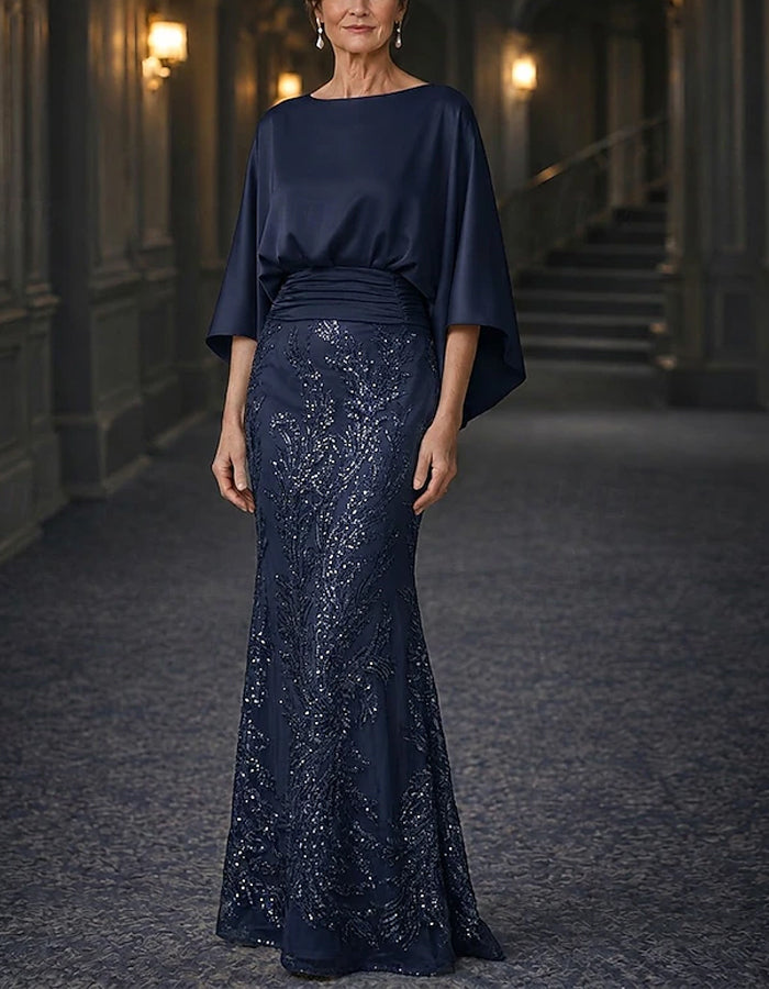 Solid Color Satin Shawl Style Sequins Maxi Dress