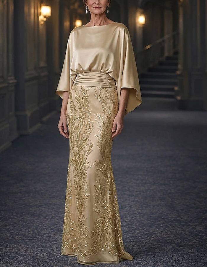 Solid Color Satin Shawl Style Sequins Maxi Dress
