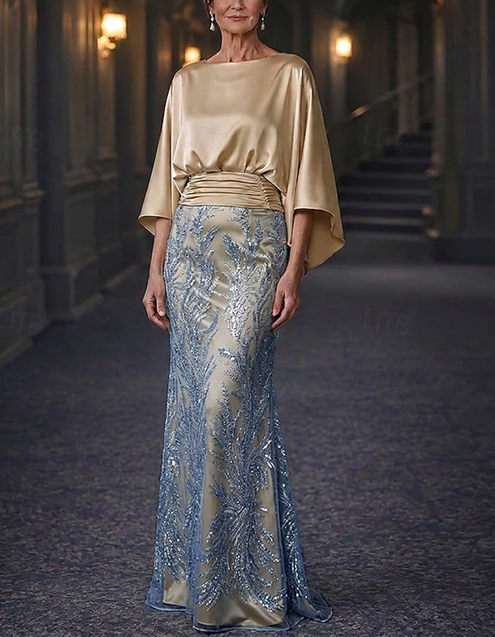 Solid Color Satin Shawl Style Sequins Maxi Dress