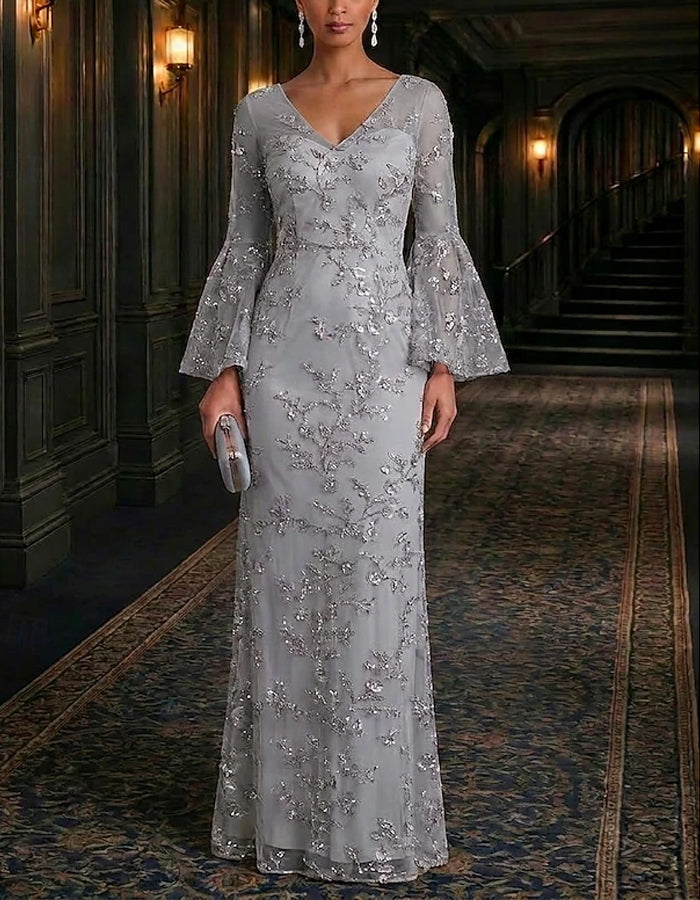 Solid Color V-Neck Three Quarter Length Flared Sleeves With Sequins Maxi Dress