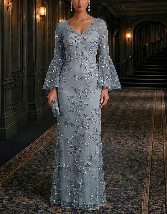 Solid Color V-Neck Three Quarter Length Flared Sleeves With Sequins Maxi Dress