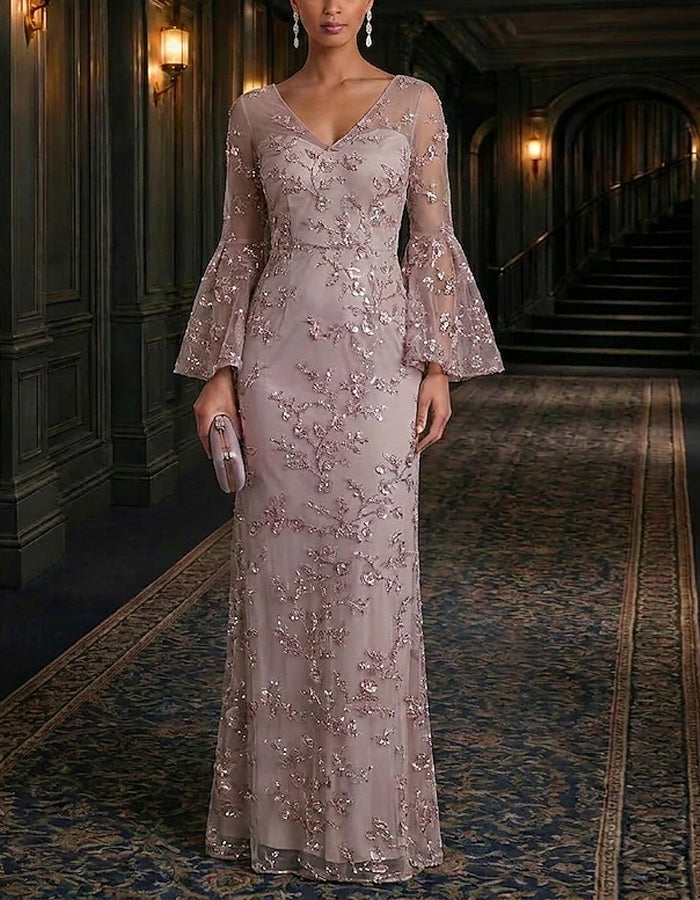 Solid Color V-Neck Three Quarter Length Flared Sleeves With Sequins Maxi Dress