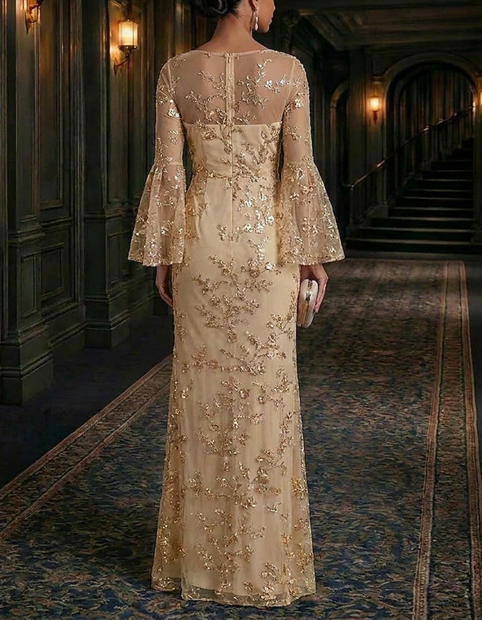 Solid Color V-Neck Three Quarter Length Flared Sleeves With Sequins Maxi Dress
