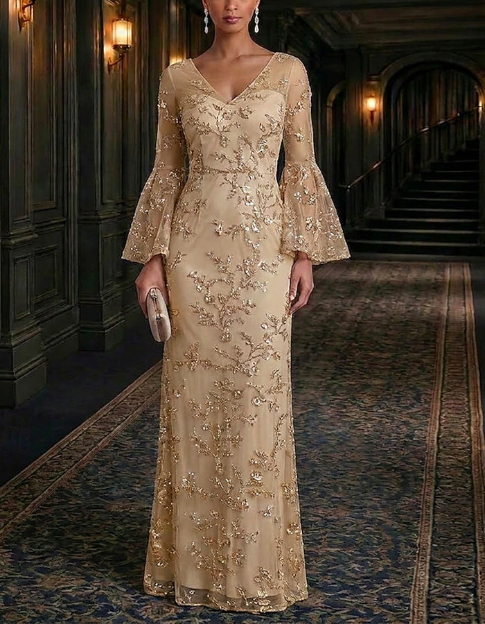 Solid Color V-Neck Three Quarter Length Flared Sleeves With Sequins Maxi Dress