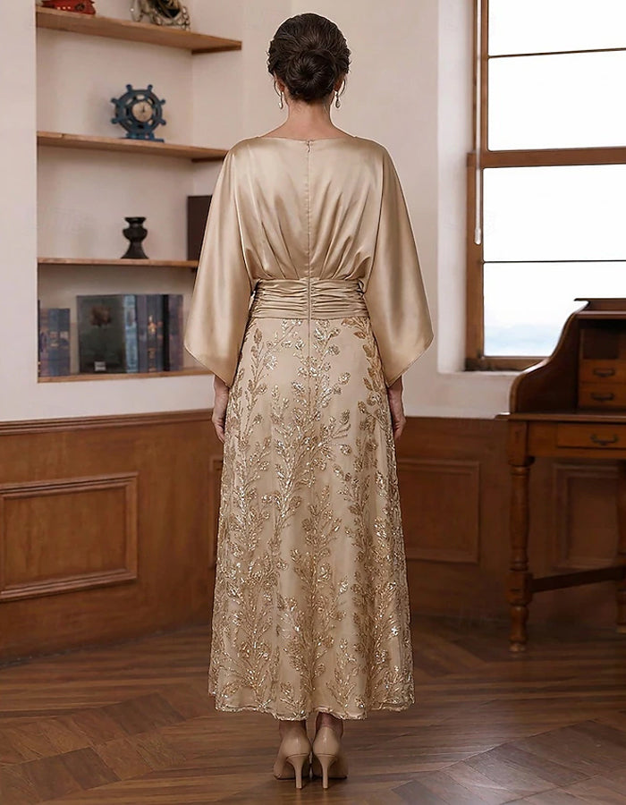 Solid Color Satin Shawl Style Batwing Sleeves With Sequins Maxi Dress