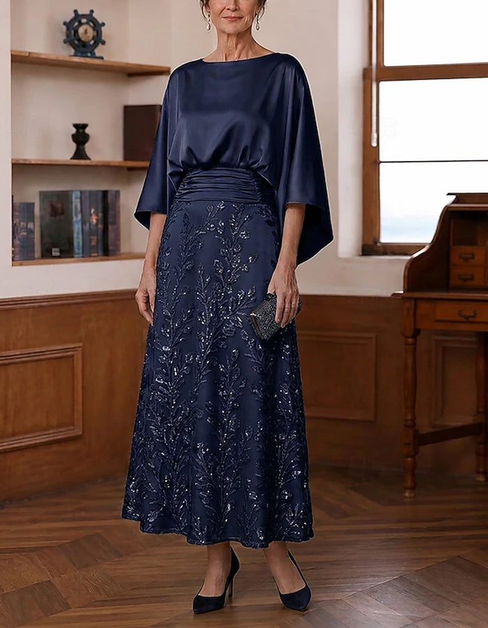 Solid Color Satin Shawl Style Batwing Sleeves With Sequins Maxi Dress