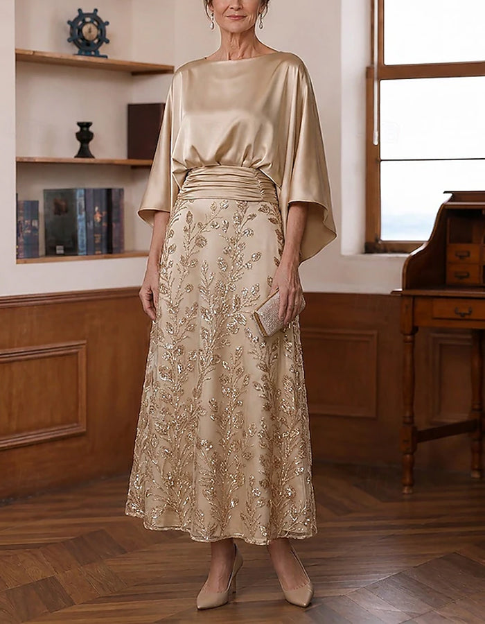 Solid Color Satin Shawl Style Batwing Sleeves With Sequins Maxi Dress