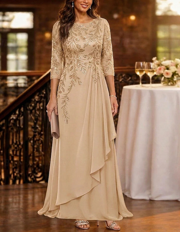 Solid Color Three Quarter Sleeve Sequined Chiffon Maxi Dress