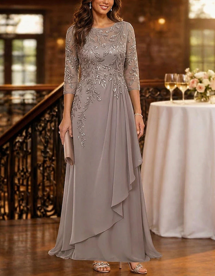 Solid Color Three Quarter Sleeve Sequined Chiffon Maxi Dress