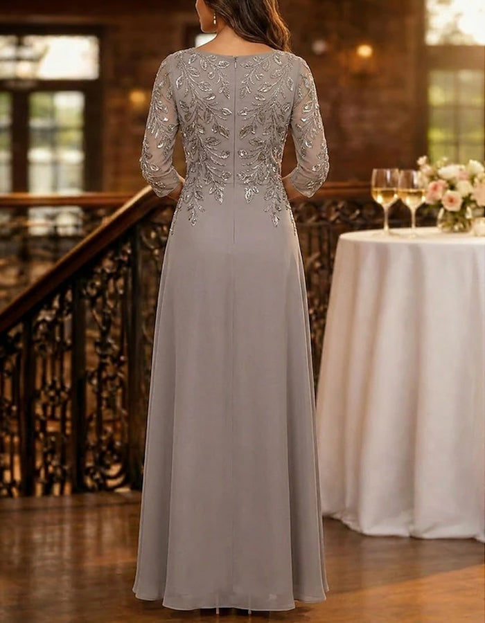 Solid Color Three Quarter Sleeve Sequined Chiffon Maxi Dress